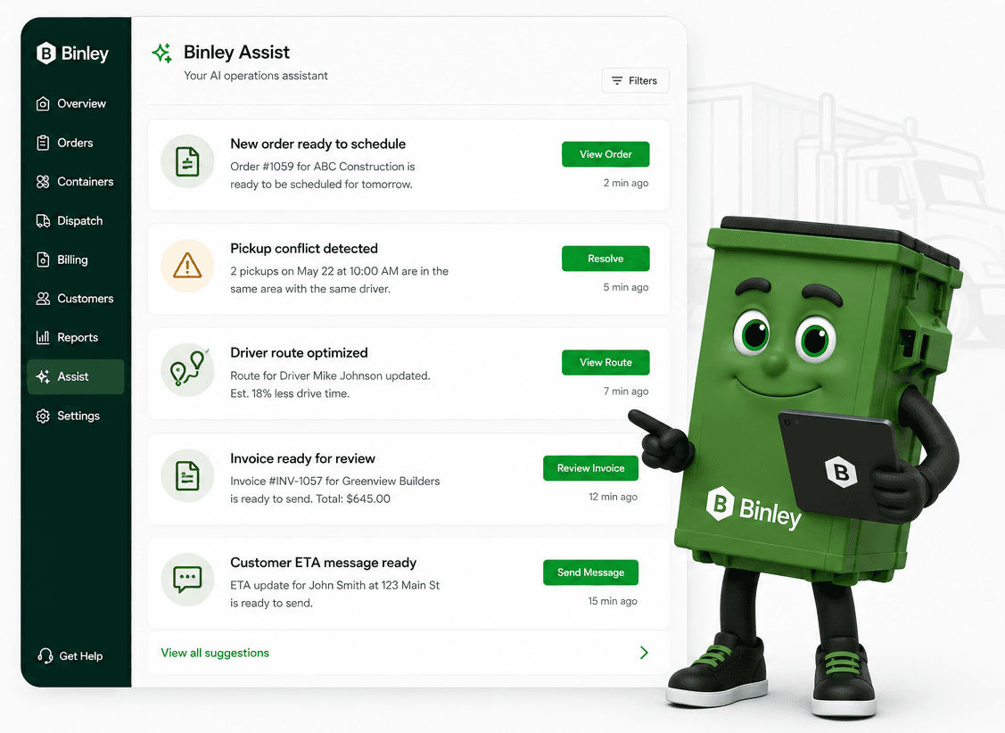 Binley Assist — AI-powered operations assistant showing proactive suggestions